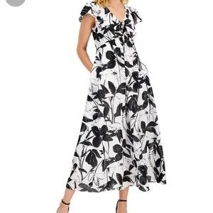 Taylor Women’s Flutter-Sleeve Dress Tie Front Floral Pockets White/Black Size 4